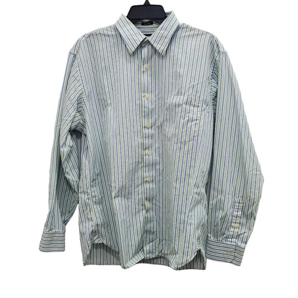 J. Crew Factory Men's White Blue Green Stripe 80s 2-Ply Cotton LS Button Up Sz L - Picture 1 of 7